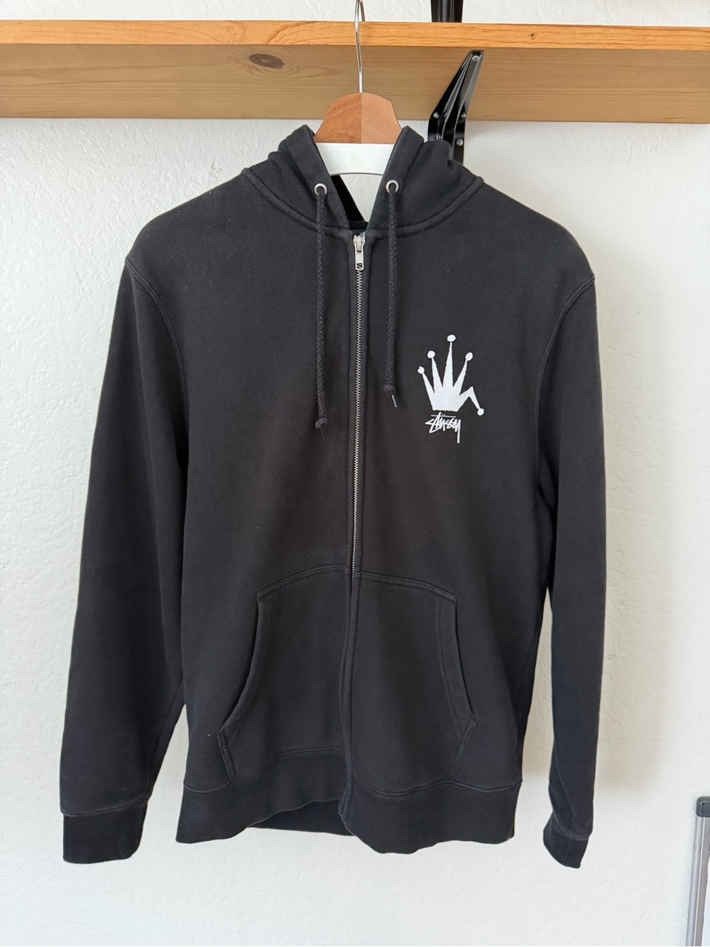 Stussy Black Zip-Up Hoodie with White Crown Logo